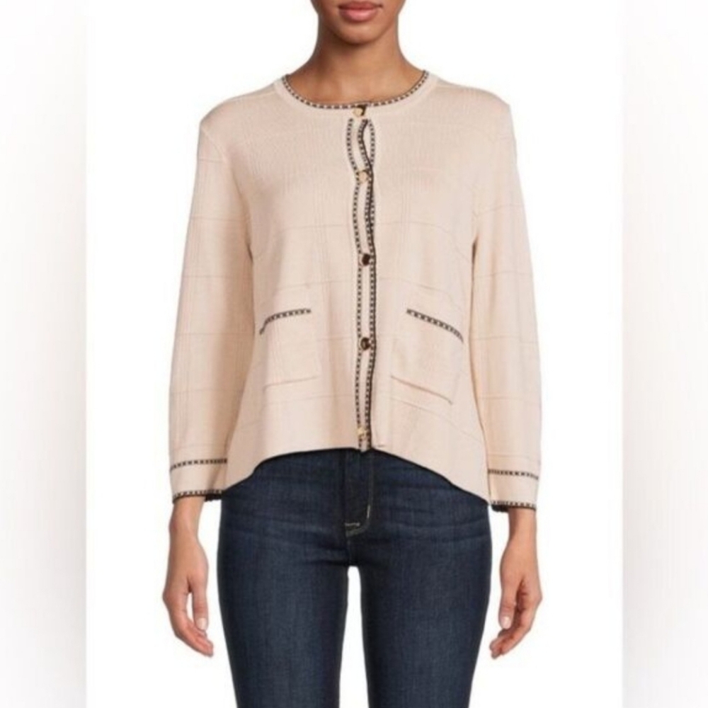 Adrianna Papell "Button Front Tipped Cardigan" Tan Black | Women's Size S - Picture 2 of 12